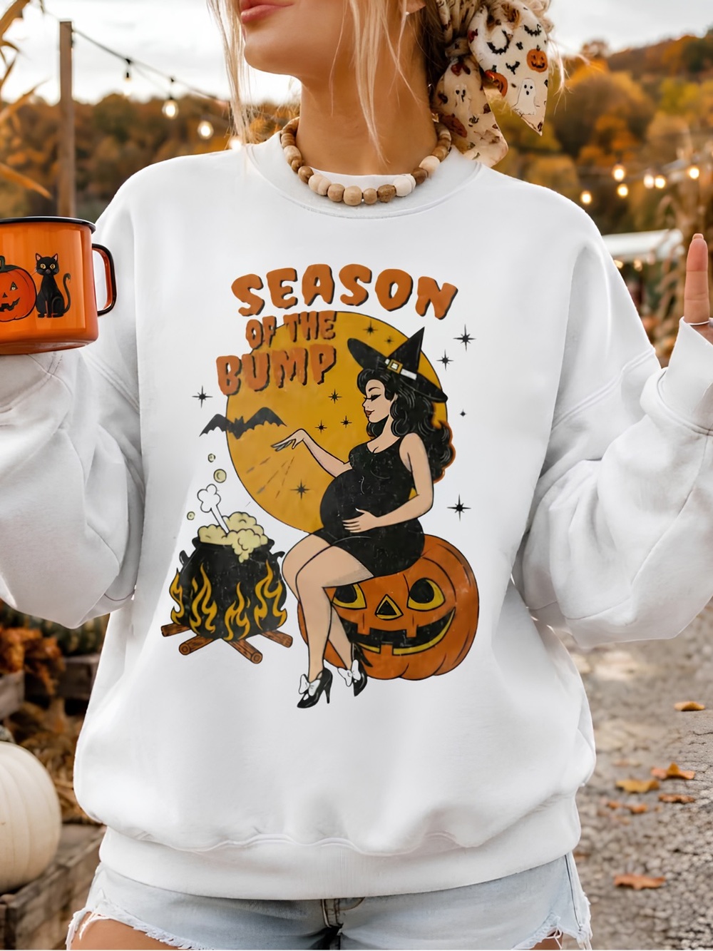 Gildan Season Of The Bump, Retro Halloween Pregnant Witch On Pumpkin Tee
